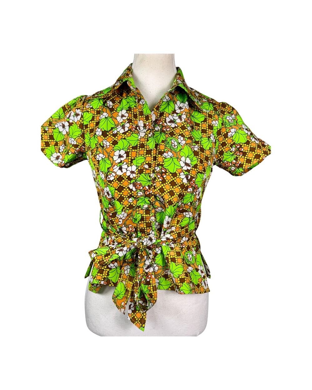 Vintage 70s Tropical Floral Brown Green White Dagger Collar Tie Waist Blouse S